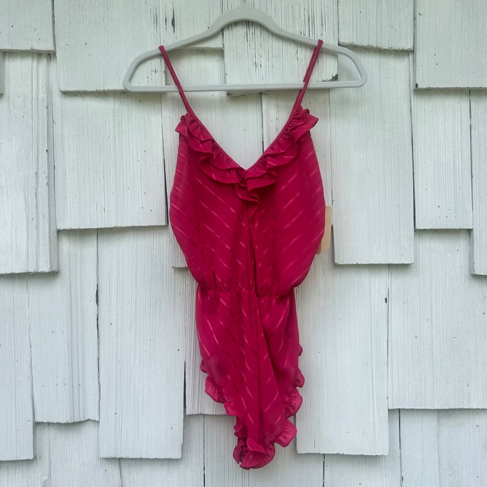 Vintage Barbizon Hot Pink Striped Ruffle Teddy Bodysuit Lingerie Small NWT